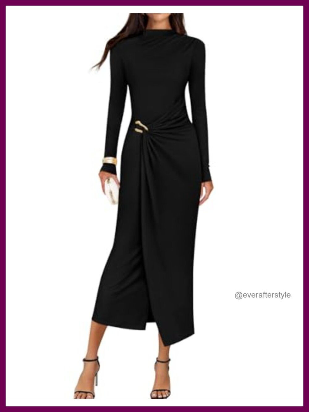 Mock Neck Ruched Bodycon Midi Dress Long Sleeve Cocktail Party